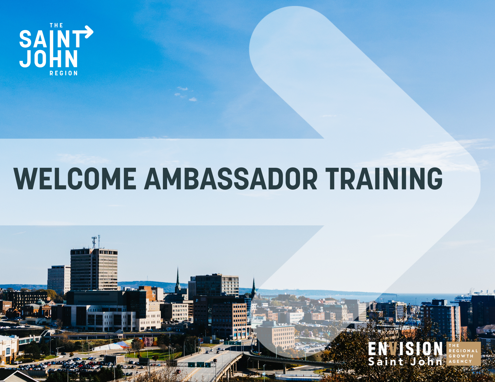 photo of city with text stating welcome ambassador training 
