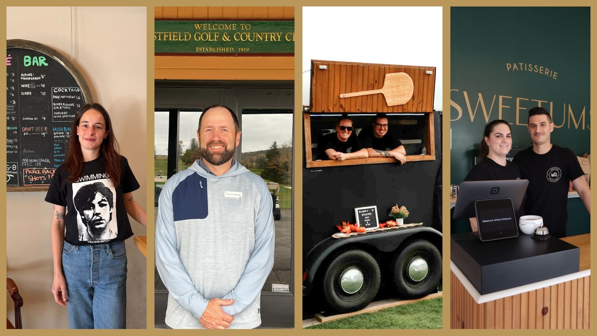 From left to right: Abigail Smith of Haven Music Hall; Steve LeBlanc of Westfield Golf and Country Club; Jos and Frouke de Poel of Stoked Pizza; Elizabeth Case and Francis Goyer of Sweetums Artisan Patisserie